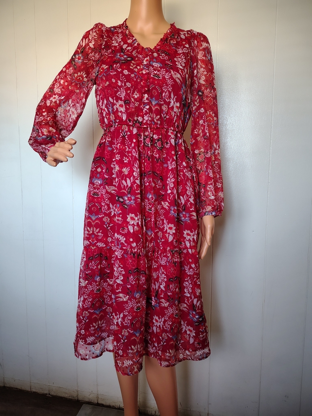 LOFT Red Floral Midi Dress with Long Sheer Sleeves Size XSP.